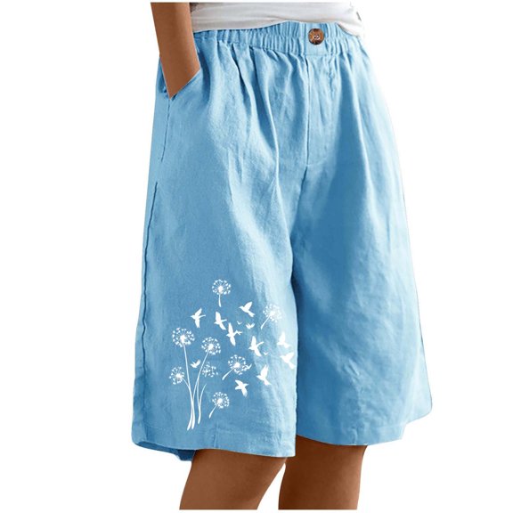 Womens Workout Shorts Plus Size New Vacation Shorts for Women Boho Loose Fitted Floral Print Half Pant with Pockets Casual Beach Elastic Waist Short Pants Light Blue XXL