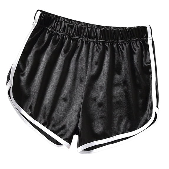 Womens Workout Shorts Shiny Silk Satin Booty Short Colorblock Elastic Waist Pjs Bottom Athletic Micro Shorts (S, Black)