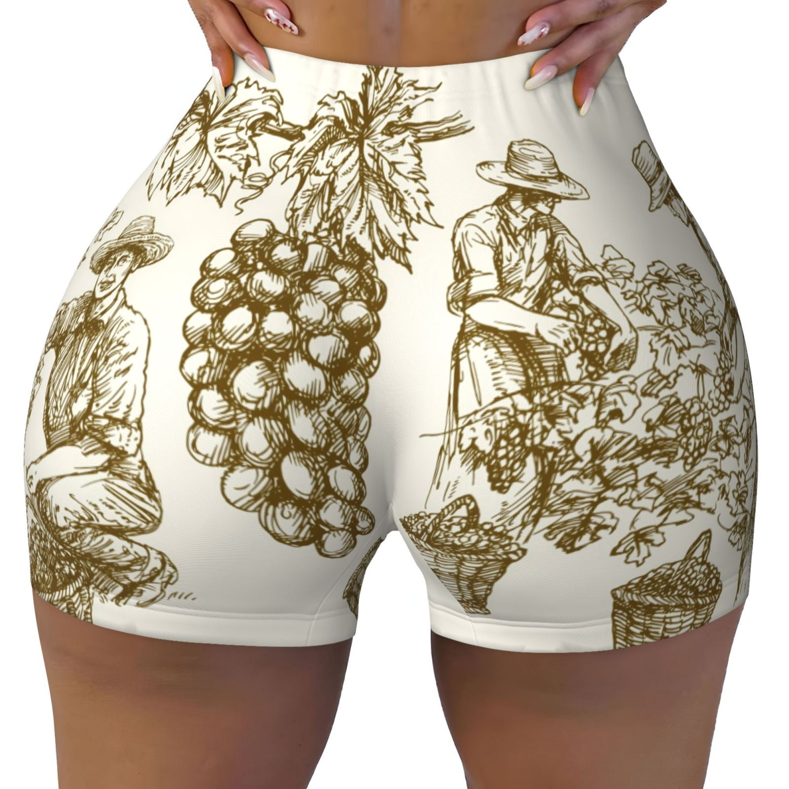 Womens Workout Shorts, Workers Cutting Grapes From Vineyard Soft Comfy