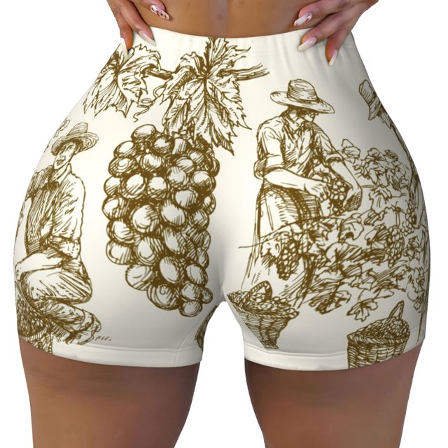 Womens Workout Shorts, Workers Cutting Grapes From Vineyard Soft Comfy