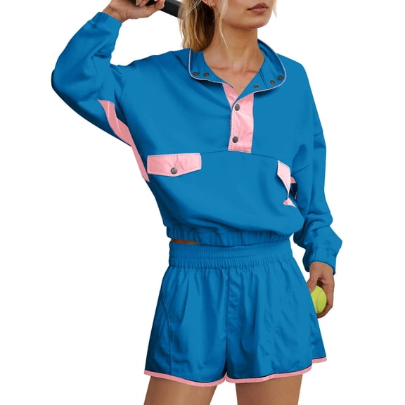 Womens Workout Sweat Suits 2 Piece Tennis Shorts Set Long Sleeve Pullover Sweatshirts Athletic Sweatsuits Activewear, L