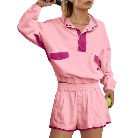 Womens Workout Sweat Suits 2 Piece Tennis Shorts Set Long Sleeve Pullover Sweatshirts Athletic Sweatsuits Activewear, M