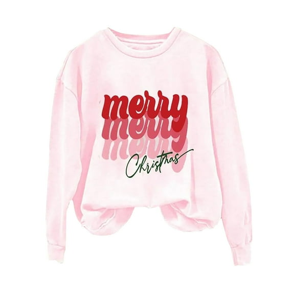 Womens Workout Sweatshirts Autumn/Winter Solid Color Crew Neck Loose Long Sleeved Christmas Print Hoodie Hoodies for Women Pink M