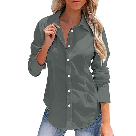 Womens Workout T Shirts Fashion Lapel Long Sleeve Linen Button Solid Color Slim Fit Clothing,Grey,S