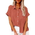 thumbnail image 1 of Womens Workout T Shirts Fashion Solid Linen Loose Short Sleeve Button Dressy,RD2,S, 1 of 5