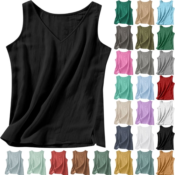 Tanks for Women, Women Tank Tops Cotton Linen Spring Summer Solid Side Split V-Neck Crop Top With Shaping