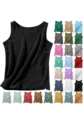 Tanks for Women, Women Tank Tops Cotton Linen Spring Summer Solid Side Split V-Neck Crop Top With Shaping