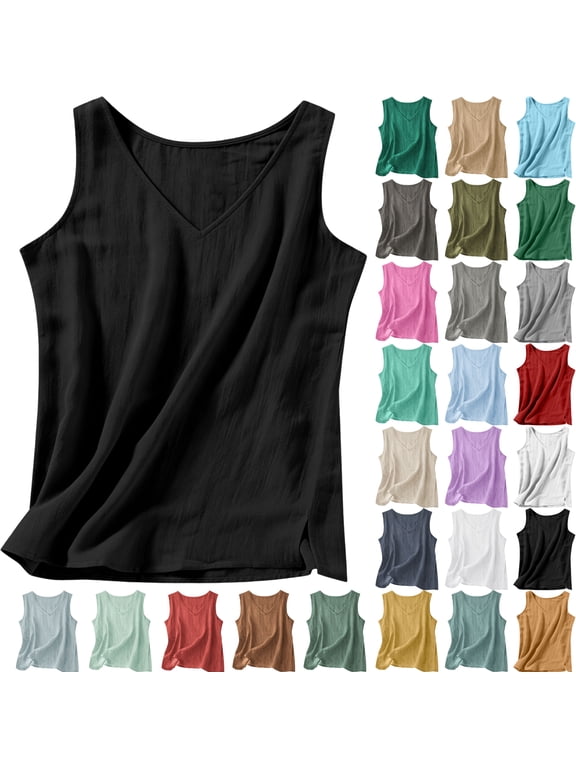 Tanks for Women, Women Tank Tops Cotton Linen Spring Summer Solid Side Split V-Neck Crop Top With Shaping