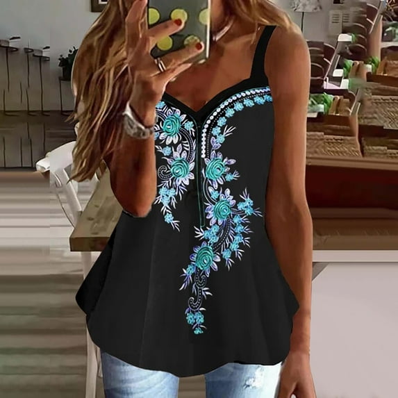 Womens Workout Tank Tops Fashion Women Summer Print Sleeveless V-Neck Vest Camis Blouse Tops Womens Tank Tops Plus Size Tank Tops for Women