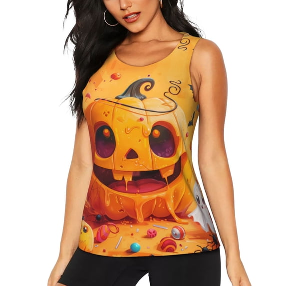 Womens Workout Tank Tops, Halloween Cute Cartoon Pumpkin Racerback Tank Tops Quick Dry Vest Sleeveless Athletic Yoga Gym