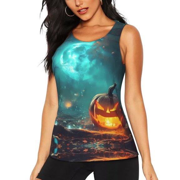 Womens Workout Tank Tops, Halloween Pumpkin Forest Racerback Tank Tops Quick Dry Vest Sleeveless Athletic Yoga Gym