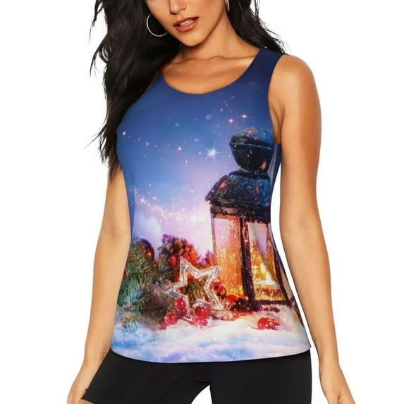 Womens Workout Tank Tops, Lantern On Snow With Christmas Racerback Tank Tops Quick Dry Vest Sleeveless Athletic Yoga Gym