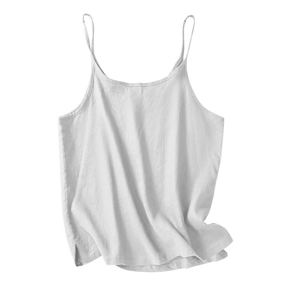Womens Workout Tank Tops White Adjustable Shoulder Strap Solid Color Short Style with Cotton and Linen Split Basic Cami Shirts M