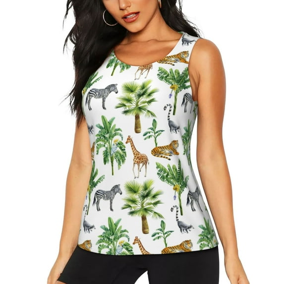 Womens Workout Tank Tops, zebra tiger Giraffe Tropical palm tree Racerback Tank Tops Quick Dry Vest Sleeveless Athletic Yoga Gym