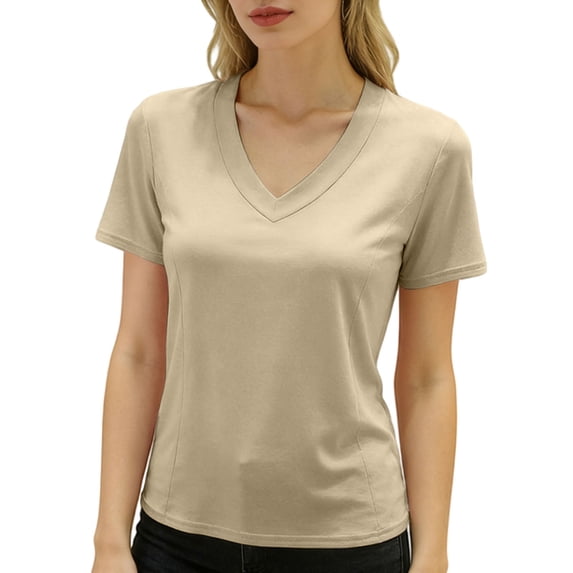 Womens Workout Tops Boxy Crop Cap Sleeve V Neck Basic Oversized Tshirts for Women Beige L
