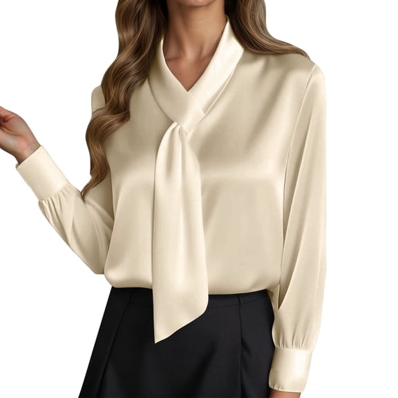 Womens Workout Tops Elegant Solid Color Blouse With Flowing Tie Long Sleeves Shirts