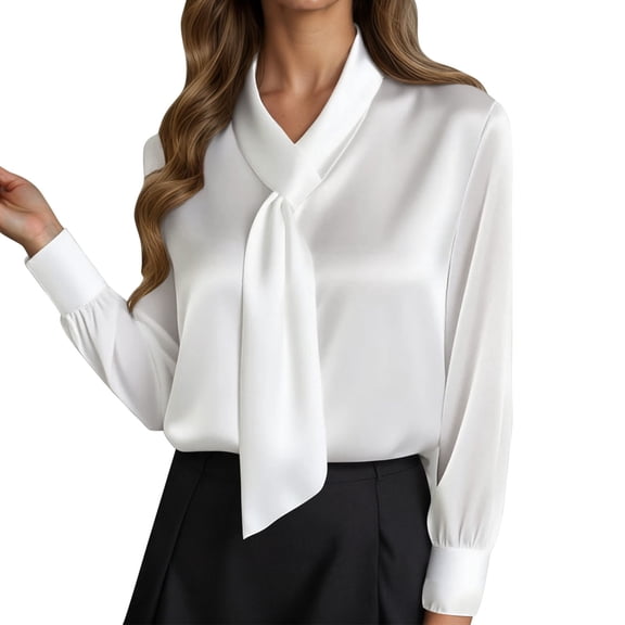Womens Workout Tops Elegant Solid Color Blouse With Flowing Tie Long Sleeves Shirts