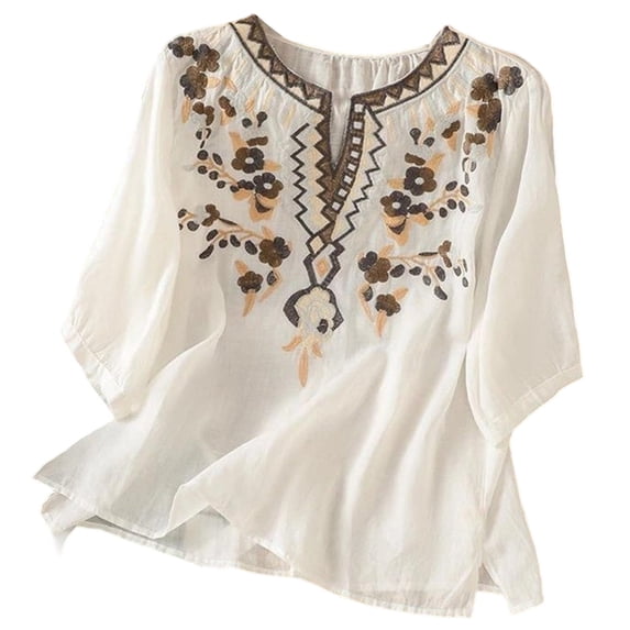 Womens Workout Tops Embroidered Collar Linen Blend Loose Fit Short Sleeve Rugby Shirt for Women,White,2XL