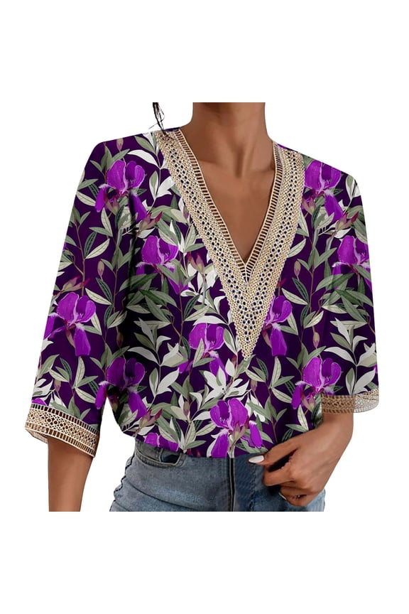 Womens Workout Tops European Fashion Printing Lace V Neck Middle Sleeve Womens New Clothing,R,M