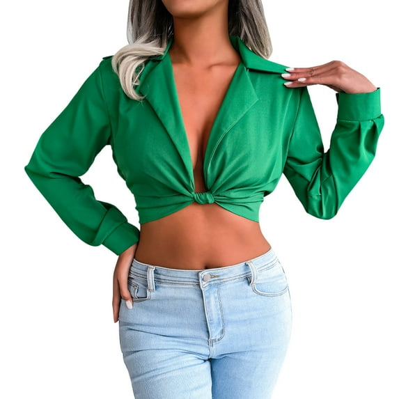 Womens Workout Tops Fall Long Sleeve Suit Neck Knot Solid Color Cropped Womens Tshirts Dressy Casual Green M