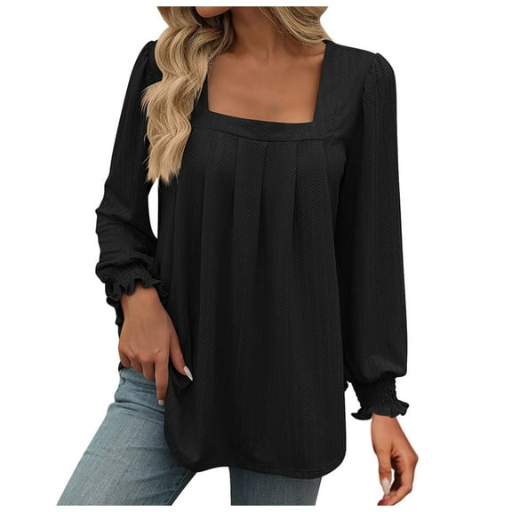 Womens Workout Tops Fall Long Sleeve Texture Ruched Square Neck Womens Tee Shirts Dressy Casual Black 2XL