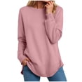 thumbnail image 1 of Womens Workout Tops Fall Loose Crew Neck Long Sleeve Rolled Off the Shoulder Curve Hem Plain Leisure Waffle Knit Pullover Tops(Pink,S), 1 of 7