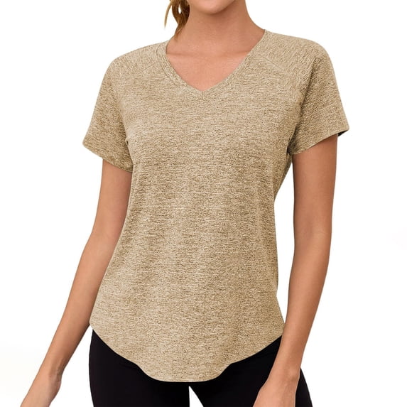 Womens Workout Tops Full Back Coverage Athletic Shirt Quick Dry Short Sleeve T Shirts V Neck Gym Yoga Tunic Khaki L(L)