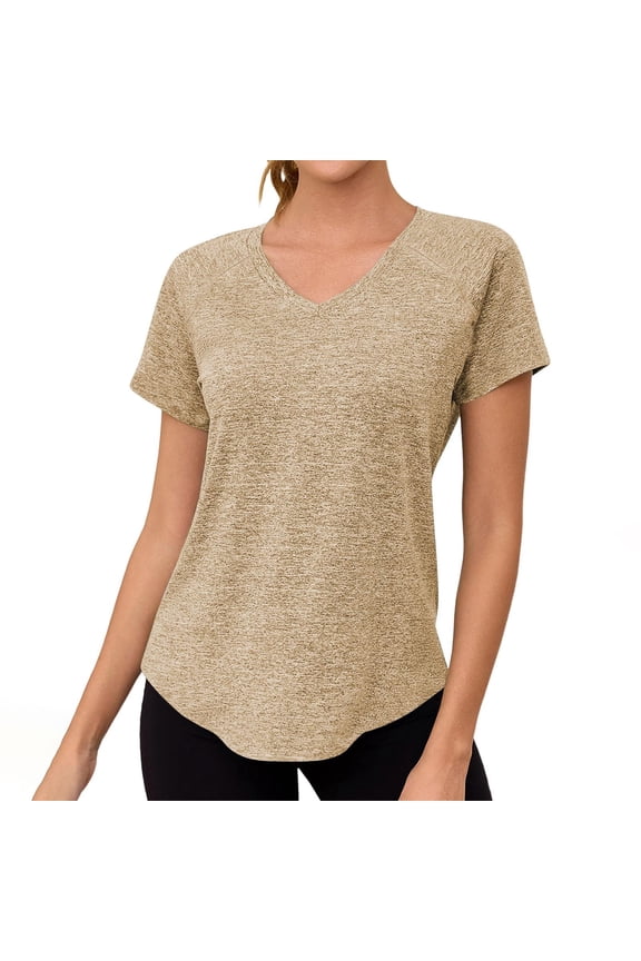 Womens Workout Tops Full Back Coverage Athletic Shirt Quick Dry Short Sleeve T Shirts V Neck Gym Yoga Tunic Khaki L(L)