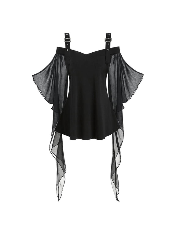 Womens Workout Tops Gothic Lace-Insert Butterfly-Sleeve Plus-Size Design Cute Tops Black L