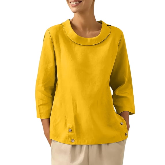 Womens Workout Tops Linen Loose Fit Sailor Collar Solid Color Relaxed Couple Shirts,Yellow,3XL