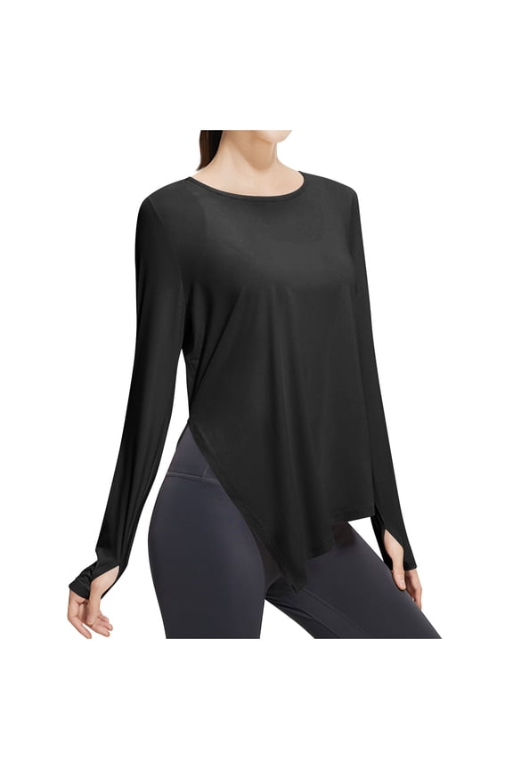 Womens Workout Tops Long Sleeve Cooling Shirts Quick Drying Slit Silky Tennis Atheltic Shirts with Thumb Hole, Black, XXL