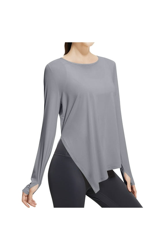 Womens Workout Tops Long Sleeve Cooling Shirts Quick Drying Slit Silky Tennis Atheltic Shirts with Thumb Hole, Gray, XXL