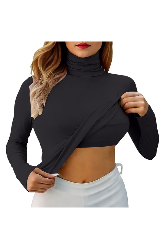 Womens Workout Tops Long Sleeve Turtleneck Slim Fitted Lightweight Layer Plus Size Womens Clothing,Black,M