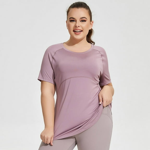 Womens Workout Tops Plus Size Loose Short Sleeve T-Shirts Quick-Drying Yoga Breathable Blouses with Sun Protection Trendy Round Neck Pullover