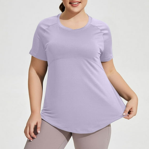 Womens Workout Tops Plus Size Loose Short Sleeve T-Shirts Quick-Drying Yoga Breathable Blouses with Sun Protection Trendy Round Neck Pullover