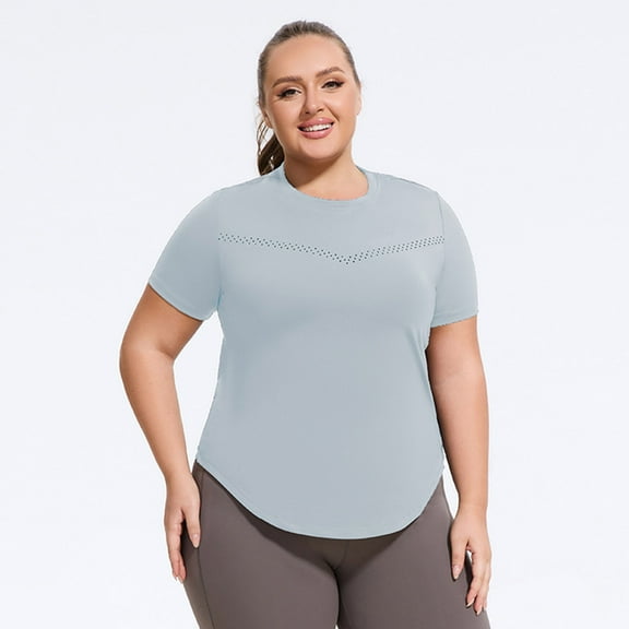 Womens Workout Tops Plus Size Loose Short Sleeve T-Shirts Quick-Drying Yoga Breathable Blouses with Sun Protection Trendy Round Neck Pullover