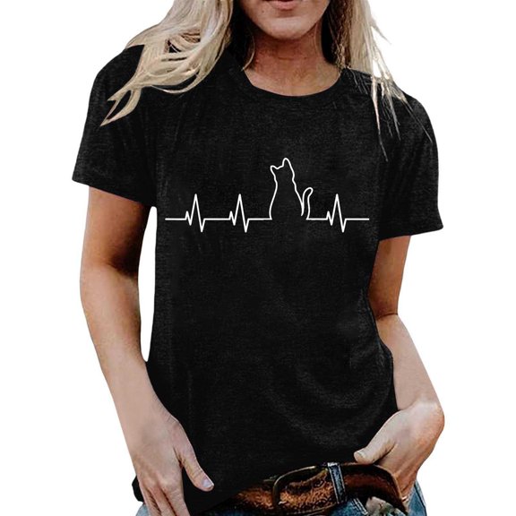 Womens Workout Tops Short Sleeve Crew Neck Graphic Print Comfort Style Beach Vacation Clothes for Women,Black,L