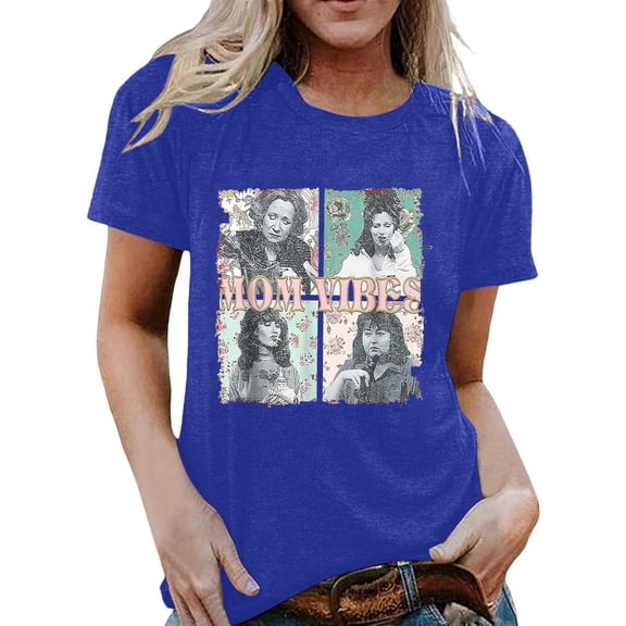 Womens Workout Tops Short Sleeve Crew Neck Graphic Print Comfort Style Petite Tops for Women,Blue,M