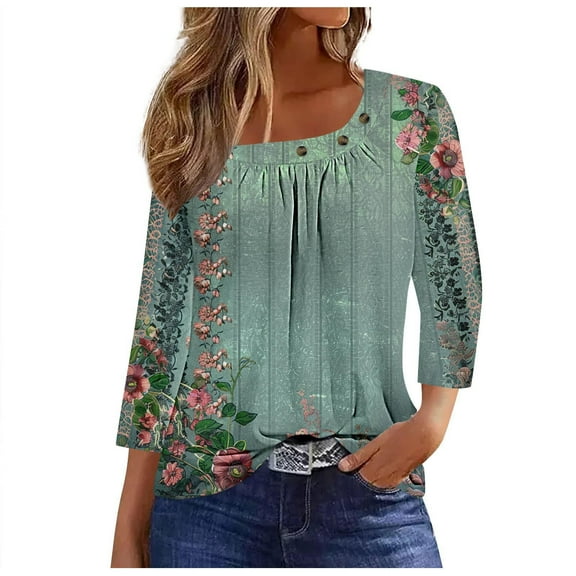 Back to School Pohista Womens Workout Tops Floral Print Teeshirt Women Blouses for Work 3/4 Sleeve Womens T Shirts Casual my order My Items