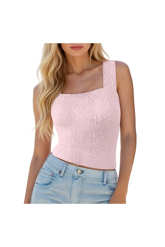 Womens Workout Tops Square Neck Wide Strap Cropped Camisole Floral Sleeveless Womens Blouse,Pink,S