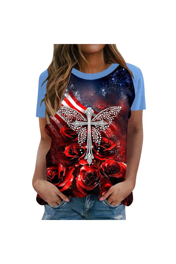 Womens Workout Tops T Shirts Casual Raglan Sleeve Patriotic Graphic Print Short Sleeve Summer Boho Shirts