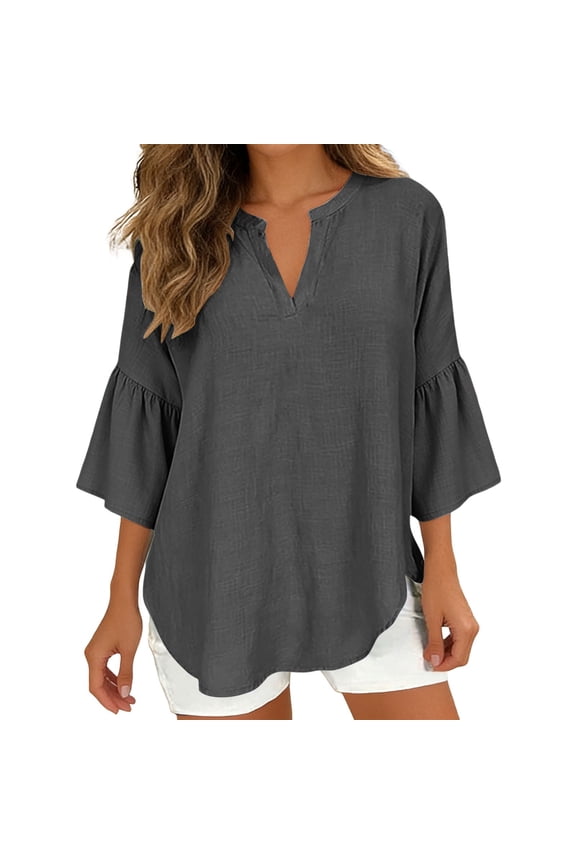 Womens Workout Tops T Shirts Damen Oversized 3/4 Arm Button Down Hemd Lockere Passform Leinenhemd Solide Dickes Oberteil Basic Boho Shirts
