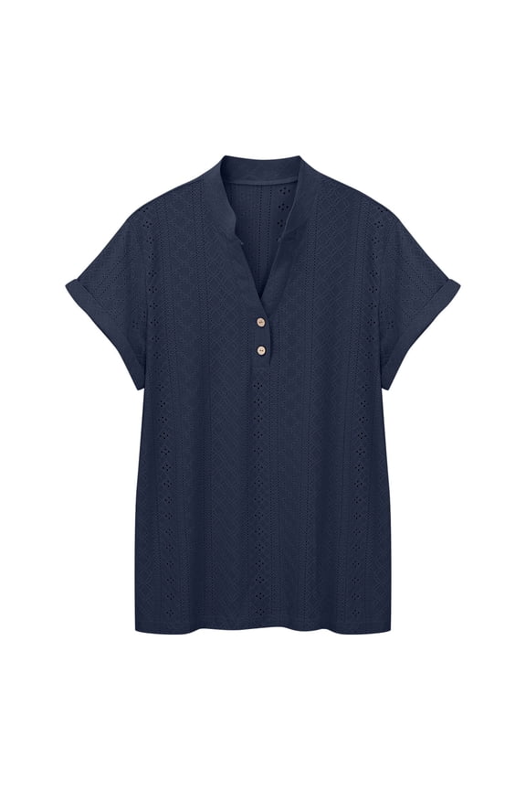 Womens Workout Tops T Shirts Elegant Courtly Lattice Neck Short Sleeve Loose Button Down Blouse Dressy Tees