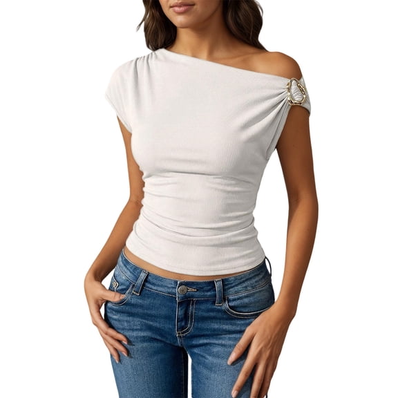 Womens Workout Tops T Shirts Fashion Ribbed Slim Fit Asymmetric Off Shoulder Basic Blouse Tees