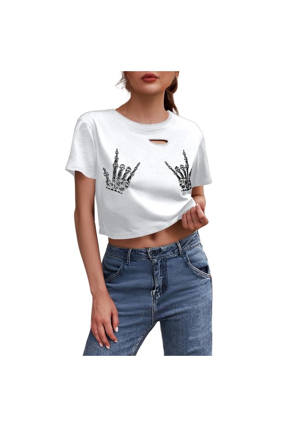 Womens Workout Tops T Shirts Short Sleeve Gothic Skeleton Print Distressed Crop Round Neck Fall Spring Boho Shirts
