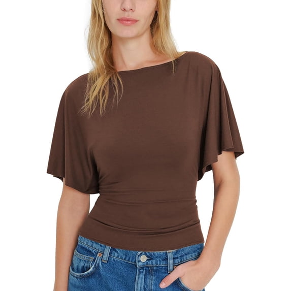 Womens Workout Tops Trendy Ruched Knit Boat Neck Short Sleeve Oversized Tshirts for Women Brown L