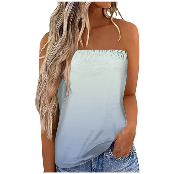 Womens Workout Tops for Women Gradient Print Strapless Bandeau Casual Sleeveless Summer Vacation Loose Holiday Shirt Blouse Basic Shirts Tank Tops