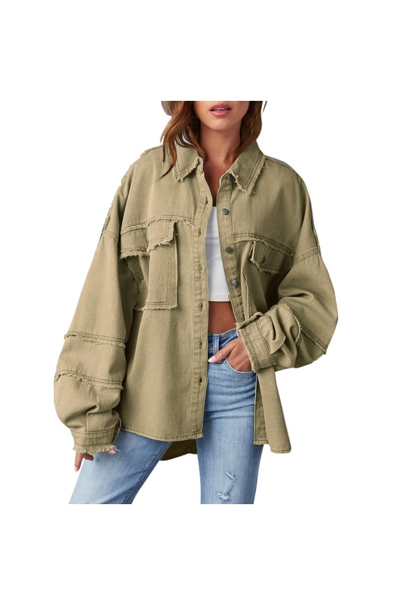 Womens Workwear Denim Jacket Oversize Long Sleeve Lapel Distressed Shacket Fashion Wash Jean Coat With Pocket