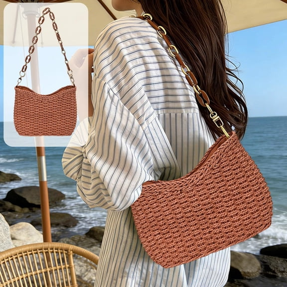 Womens Woven Handbag With Chain Strap, Small Shoulder Pouch For Women Light Crochet Beach Tote For Travel Commute Shopping
