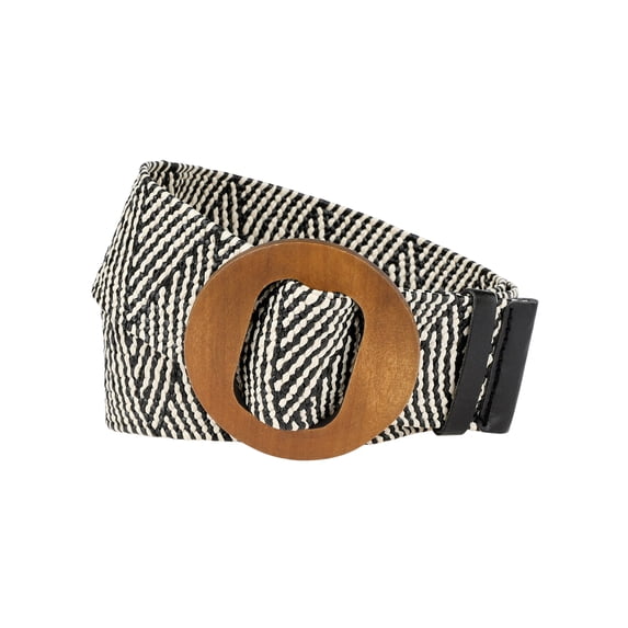 Womens Woven Stretch Belts, Straw Rattan Wooden Buckle Elastic Wide Waistband Waist Belt for Dress Black & White Stripe 23.62-33.46"
